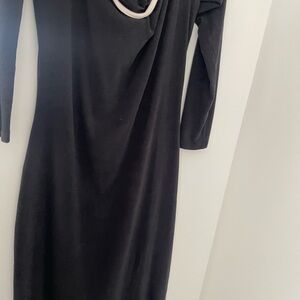 Black Long Sleeve Ankle Length Dress with Contrast Trim Off Shoulder